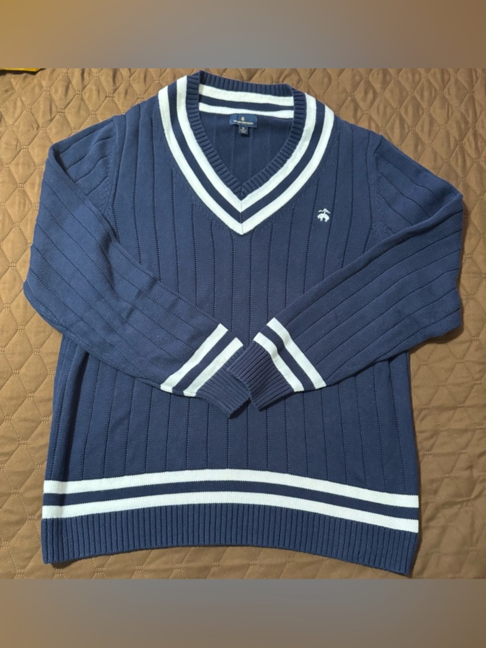 Brooks Brothers Navy and White V-Neck Striped Sweater